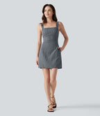 Robe mini vichy à col carré avec lien à nouer au dos et poches