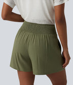Short casual taille haute à nœud frontal froncé plissé effet lin avec poches