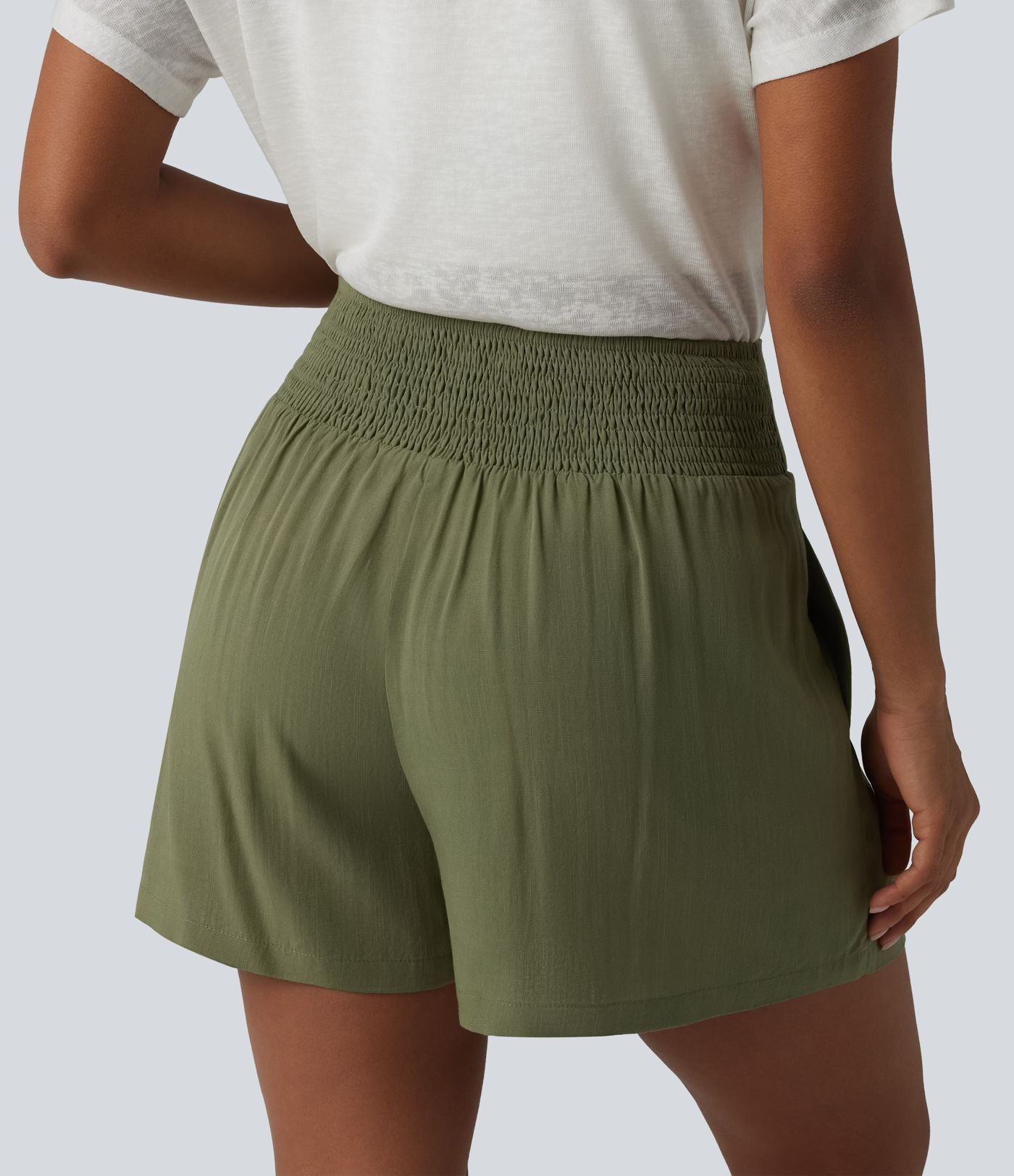 Short casual taille haute à nœud frontal froncé plissé effet lin avec poches