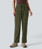 Pantalon décontracté fuselé en velours côtelé, taille mi-haute, cordon et poches