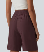 Short décontracté taille haute en lin mélangé avec cordon de serrage et poches, 25 cm