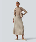 Jupe midi casual en maille plissée taille haute, coupe trapèze