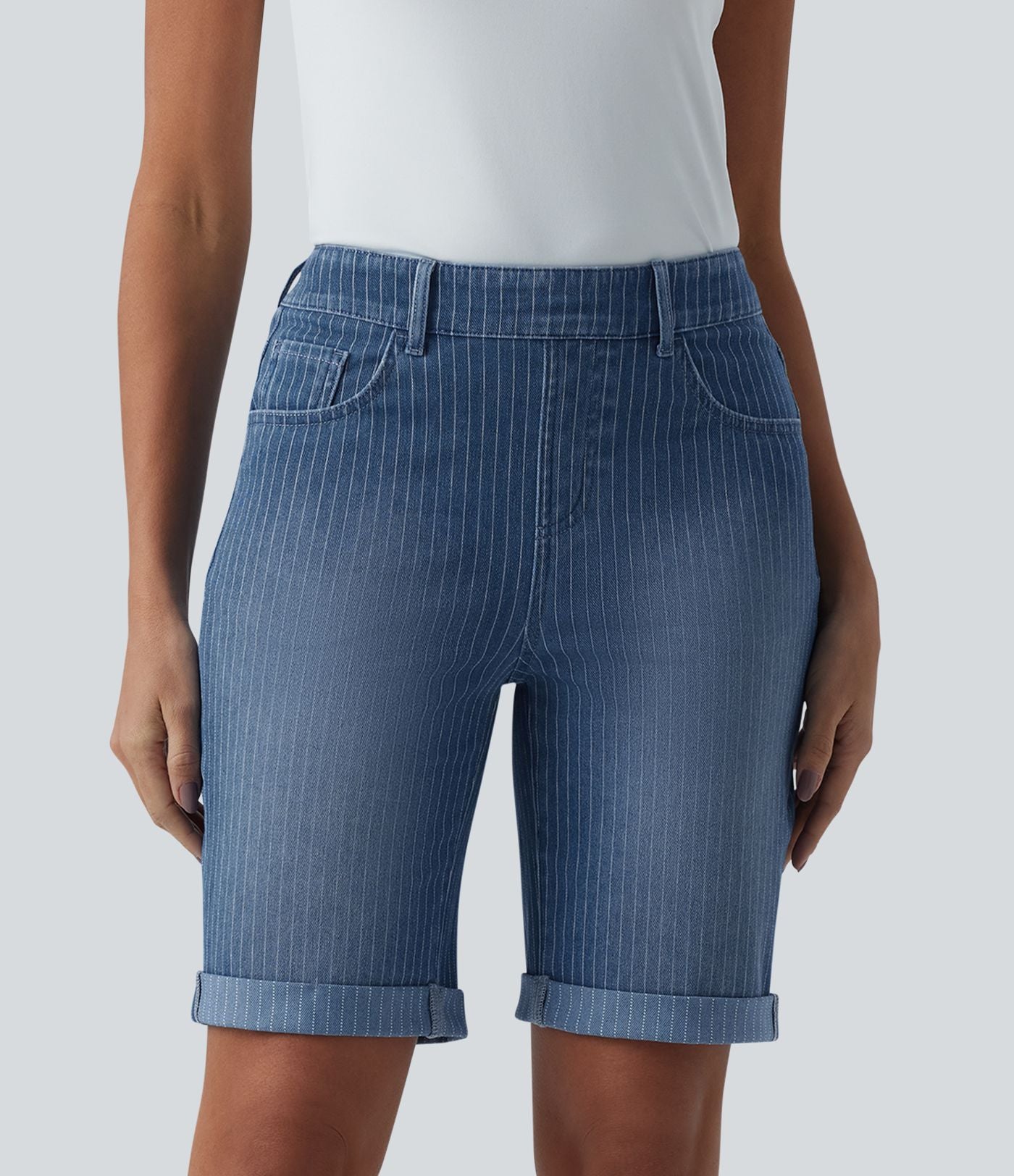 Short skinny casual en jean Halara Flex™ à rayures taille mi-haute avec ourlet retroussé et poches