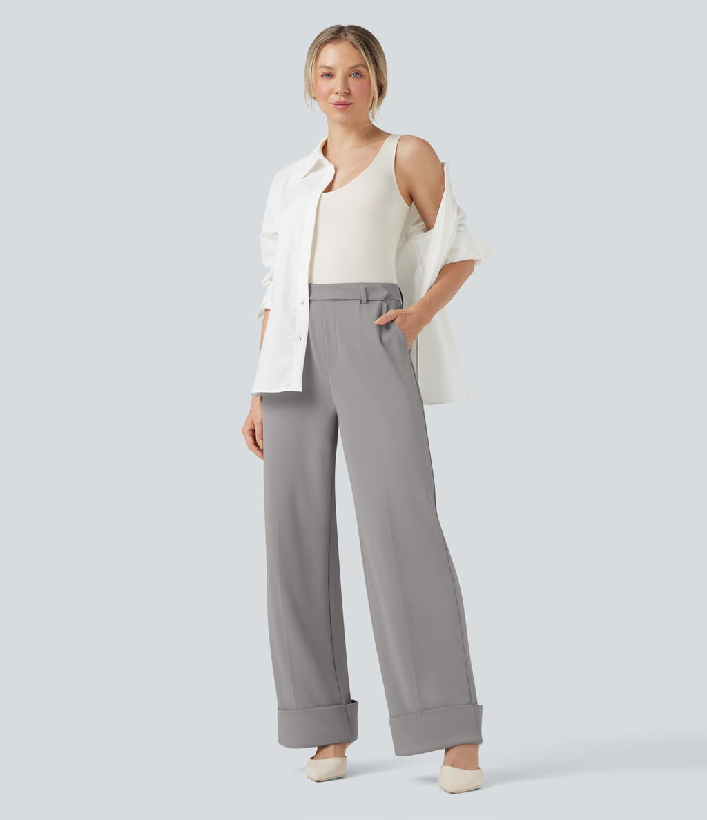 Pantalon tailleur large Halara Flex™ taille haute en crêpe ourlet roulé avec poches