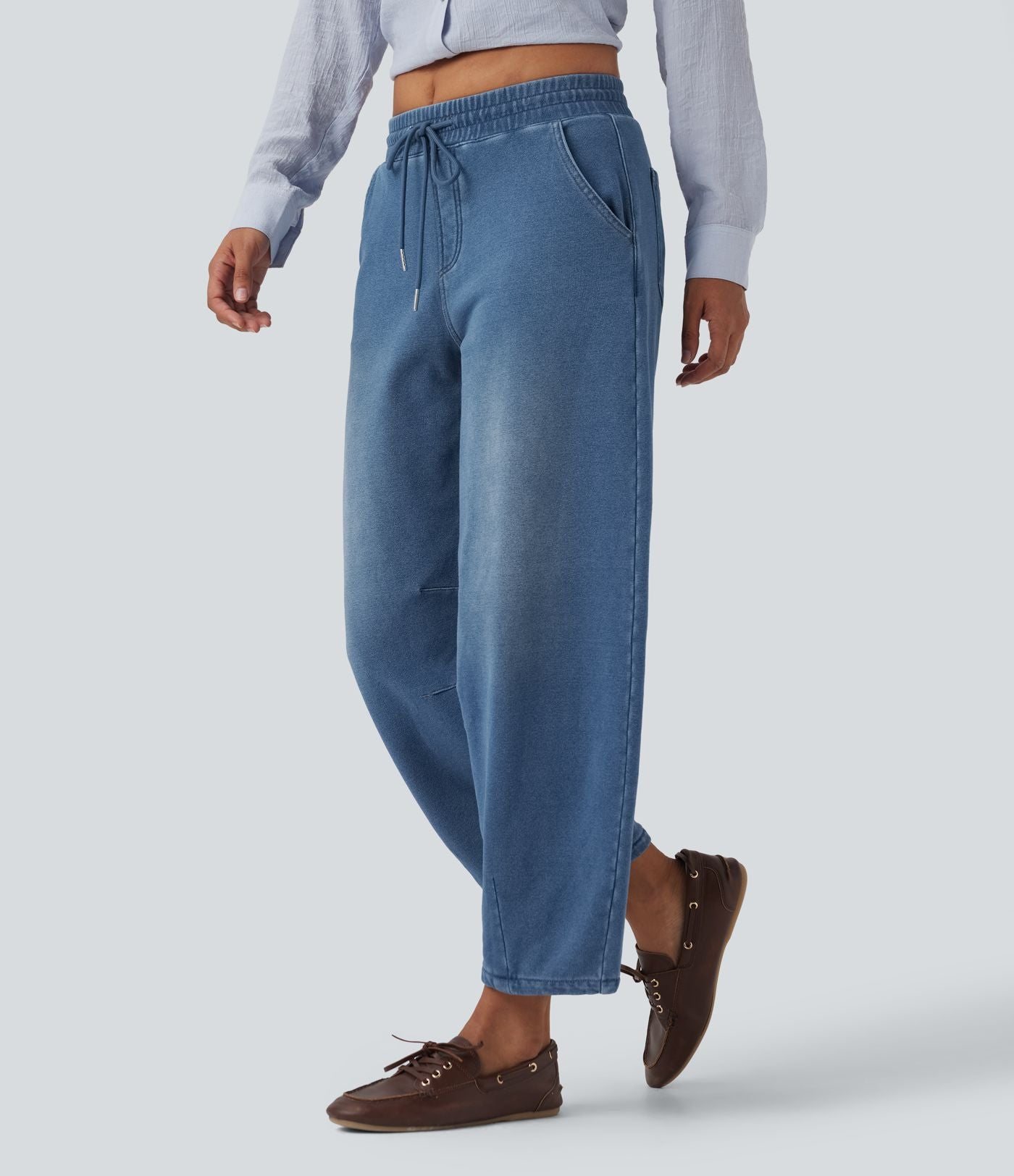 Jean 7/8 jogging molleton français Halara Flex™ taille mi-haute coupe barrel avec cordon et poches