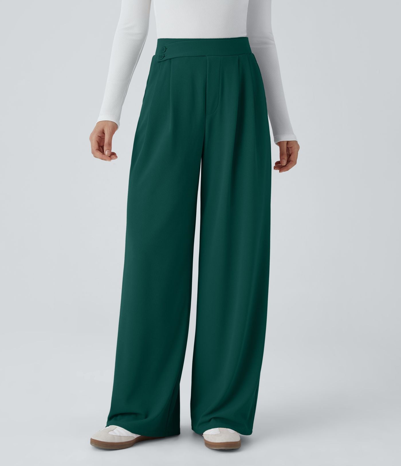 Pantalon taille haute décontracté large en maille gaufrée, avec poches