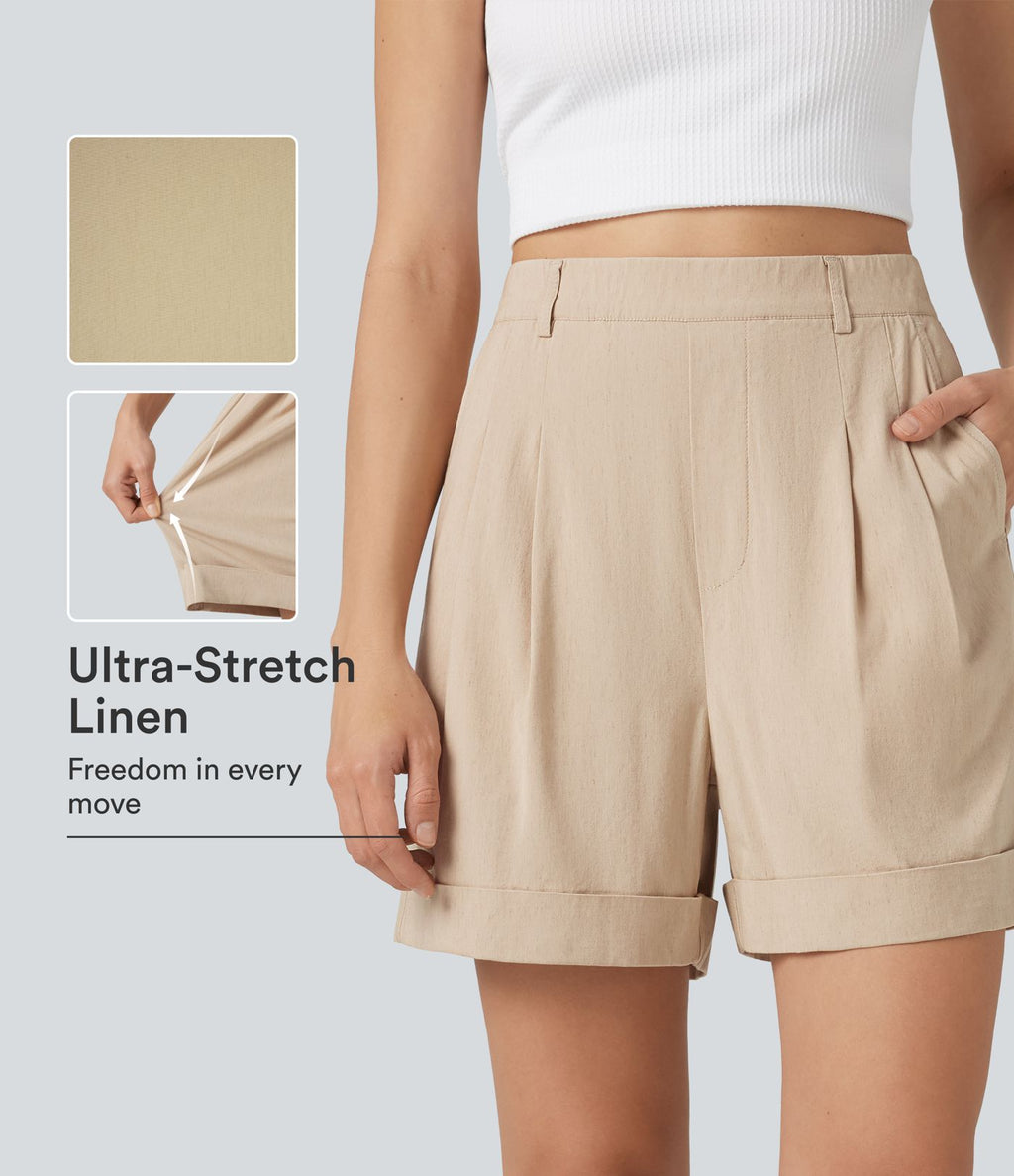 Short ample taille haute décontracté en lin stretch 10 cm avec poches