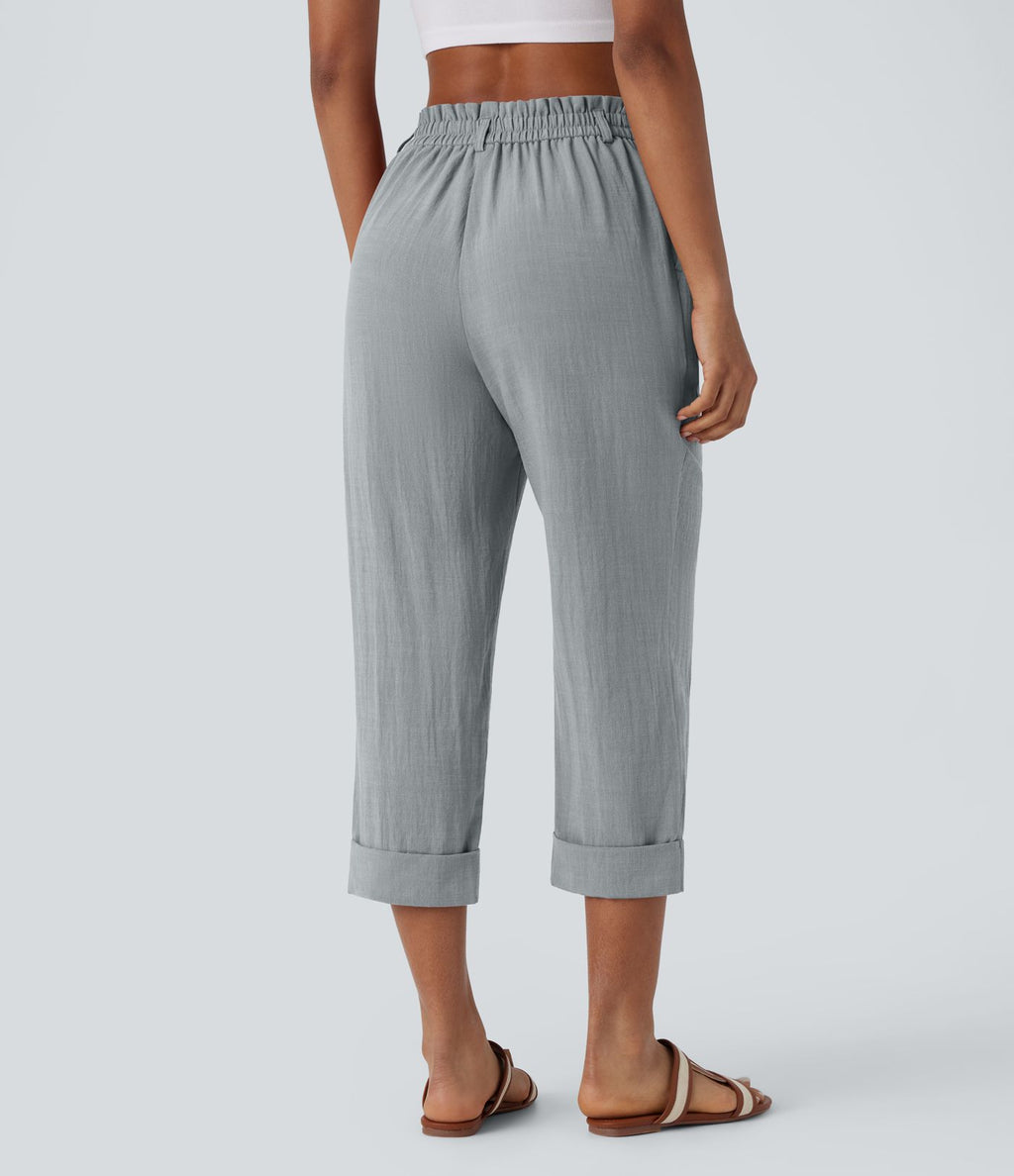Pantalon capri effet lin taille haute avec poches zippées