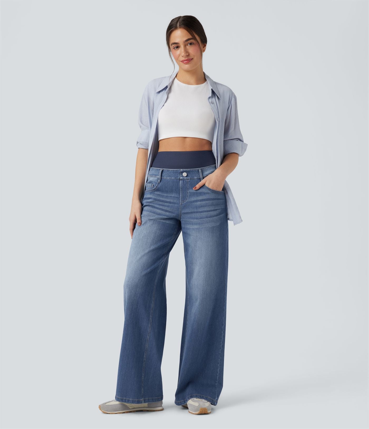 Jean large délavé Halara Flex™ taille haute gainant avec poches