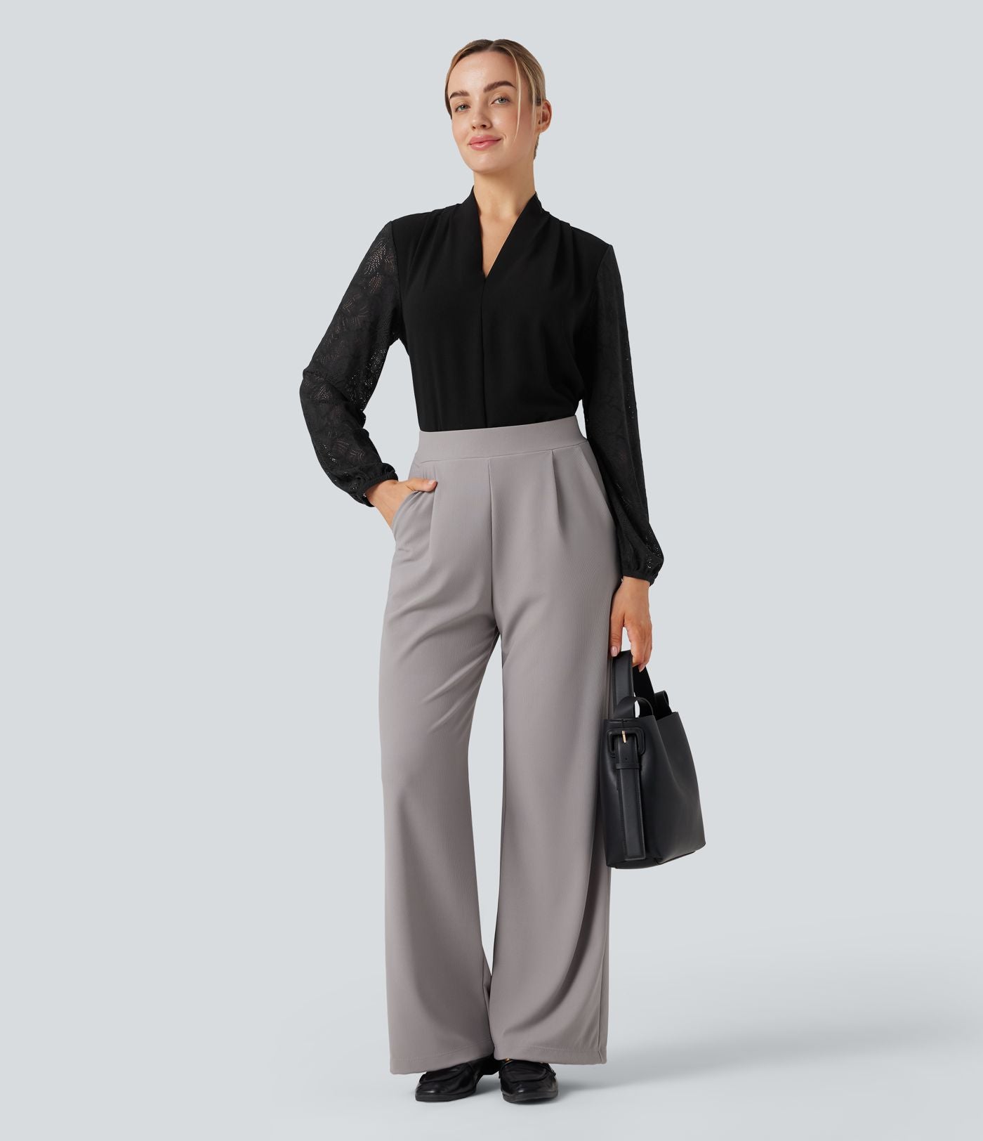 Blouse col V manches longues dentelle contrastante