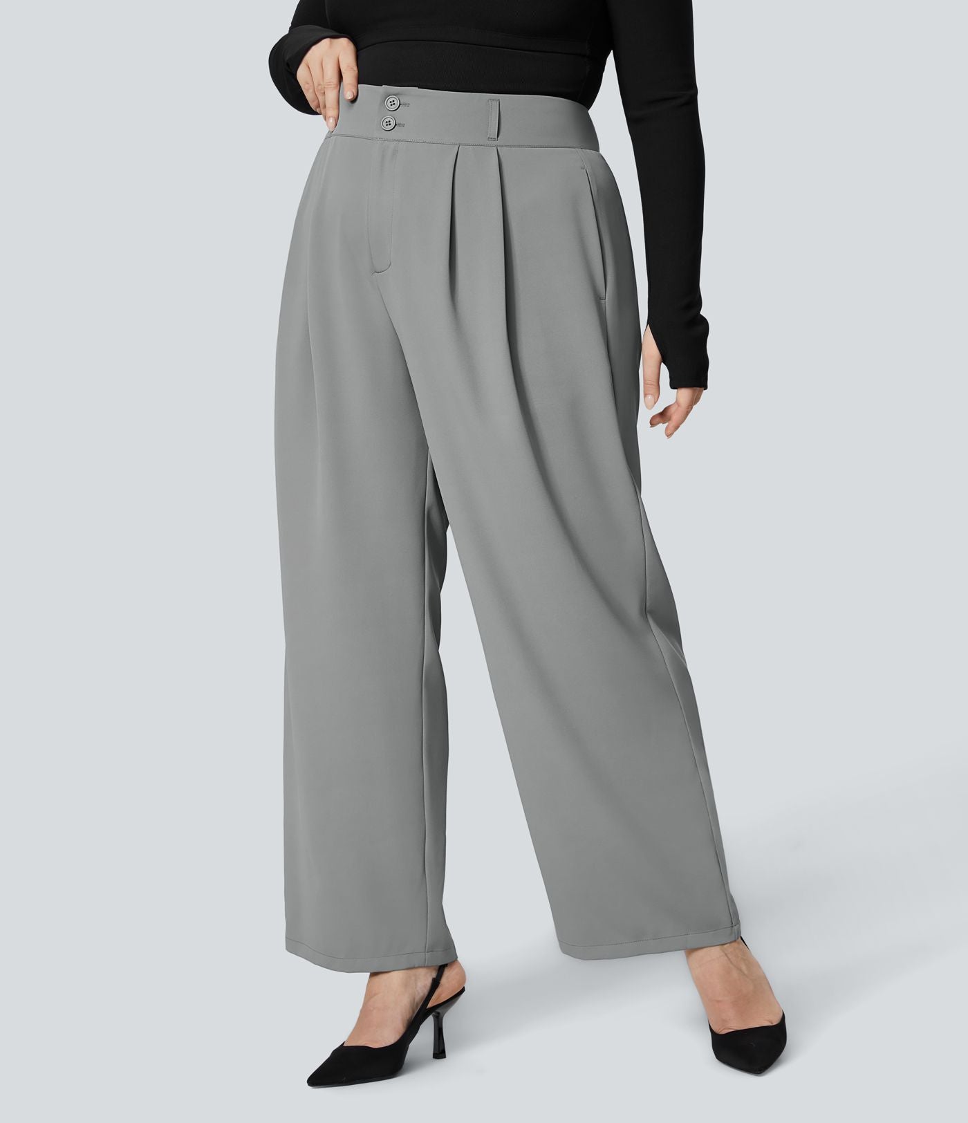 Pantalon Tailleur Droite Taille Haute Boutonnés Fermeture Éclair Plissé Poches Latérales Froncé Grande Taille