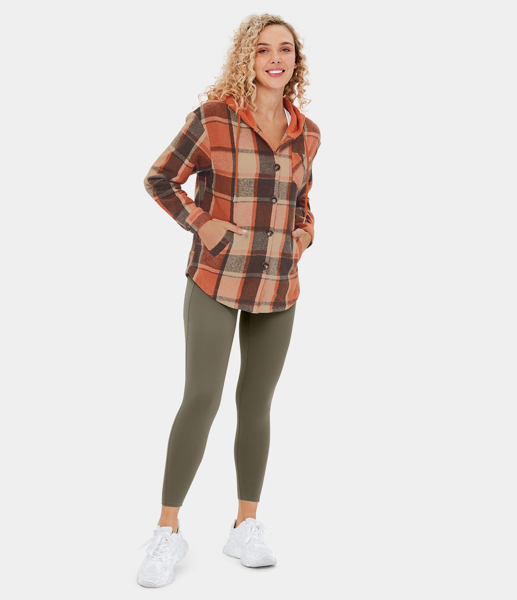 Veste de Casual à Carreaux en Polaire à Capuche avec Cordon de Serrage Boutons et Poches Latérales