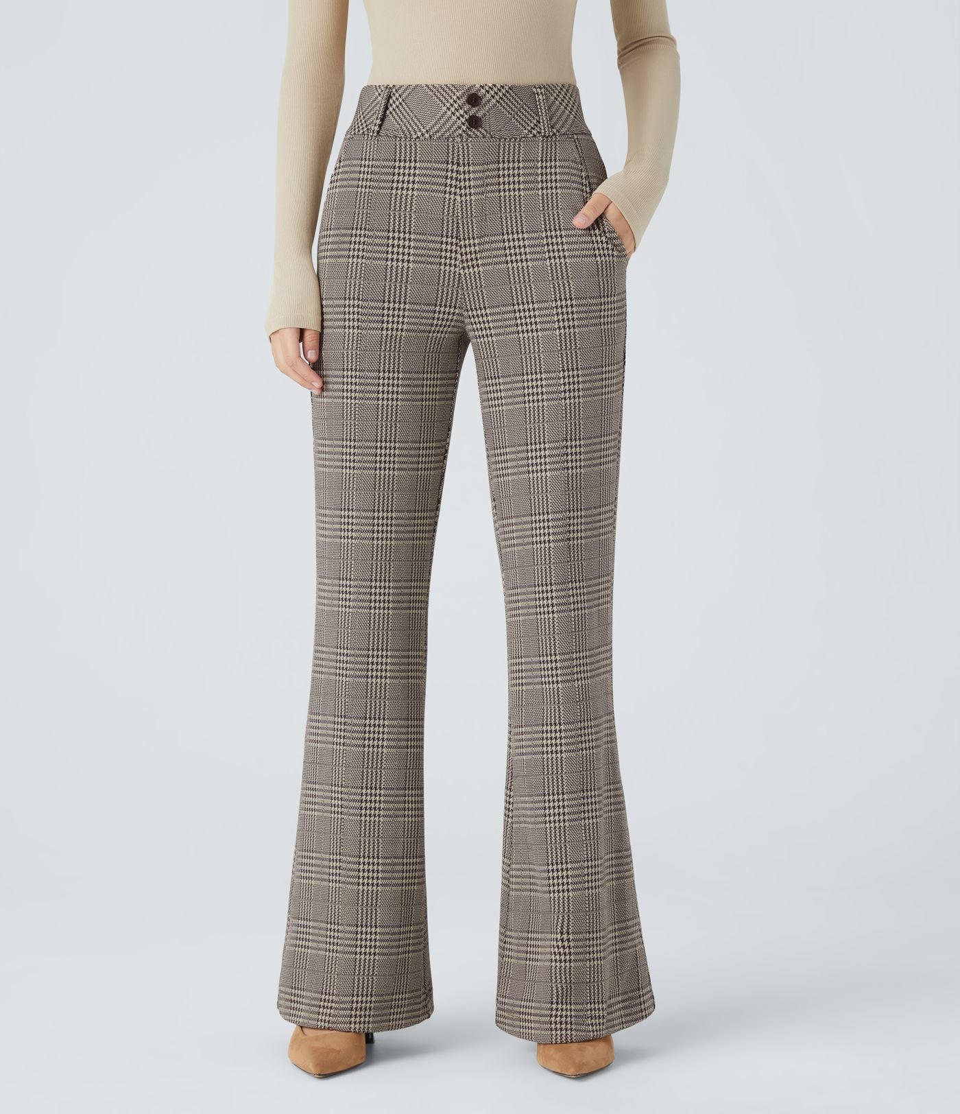 Halara Flex™ Pantalon tailleur évasé à carreaux pied-de-poule, taille haute avec boutons décoratifs et poches latérales