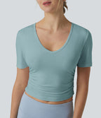T-shirt décontracté col V manches courtes coupe courte