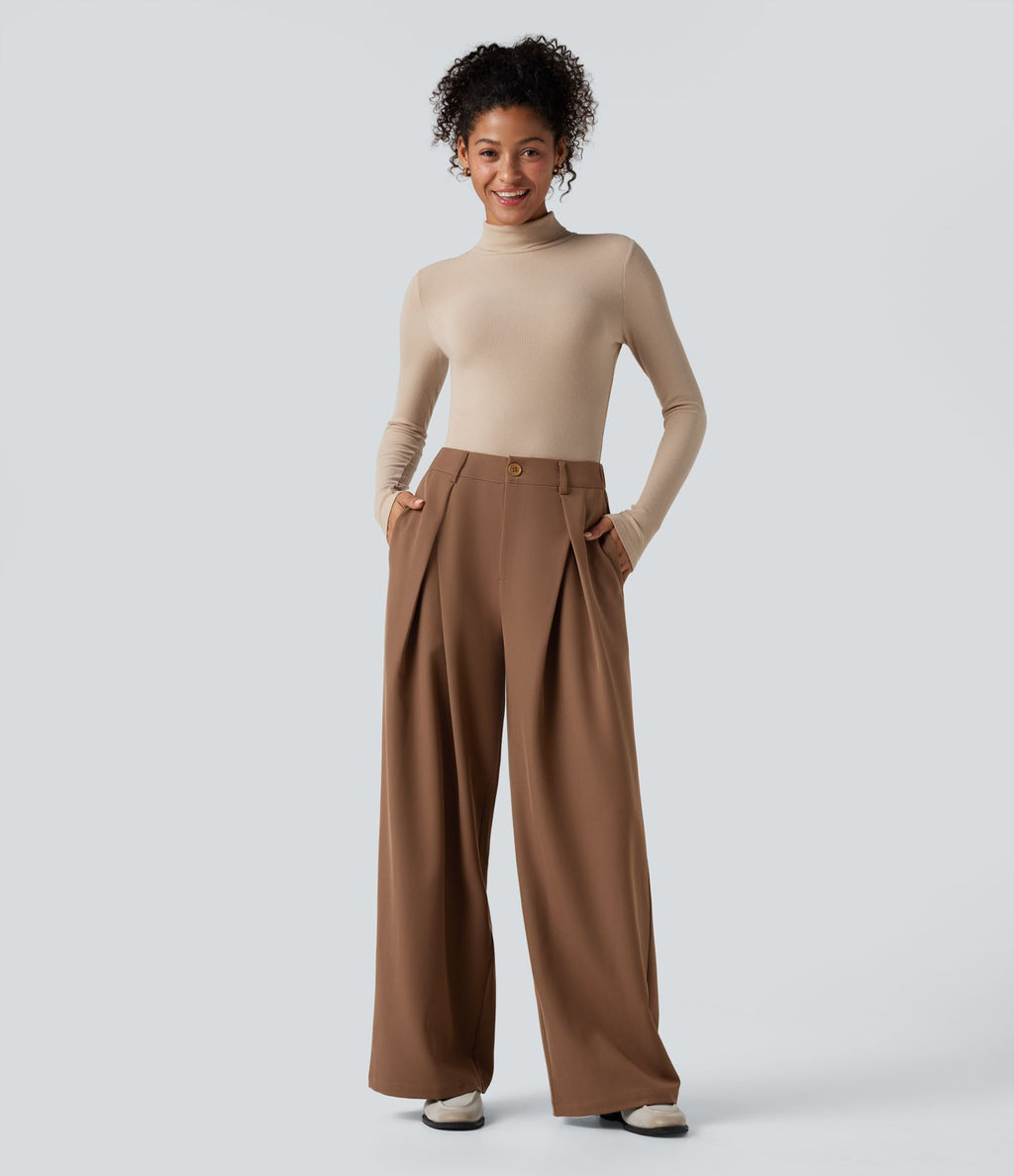 Pantalon tailleur large, taille haute, à poches