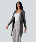 Cardigan long à capuche cordon de serrage manches longues