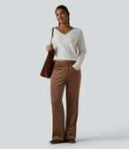 Pantalon droit casual en velours côtelé molletonné taille mi-haute avec poches