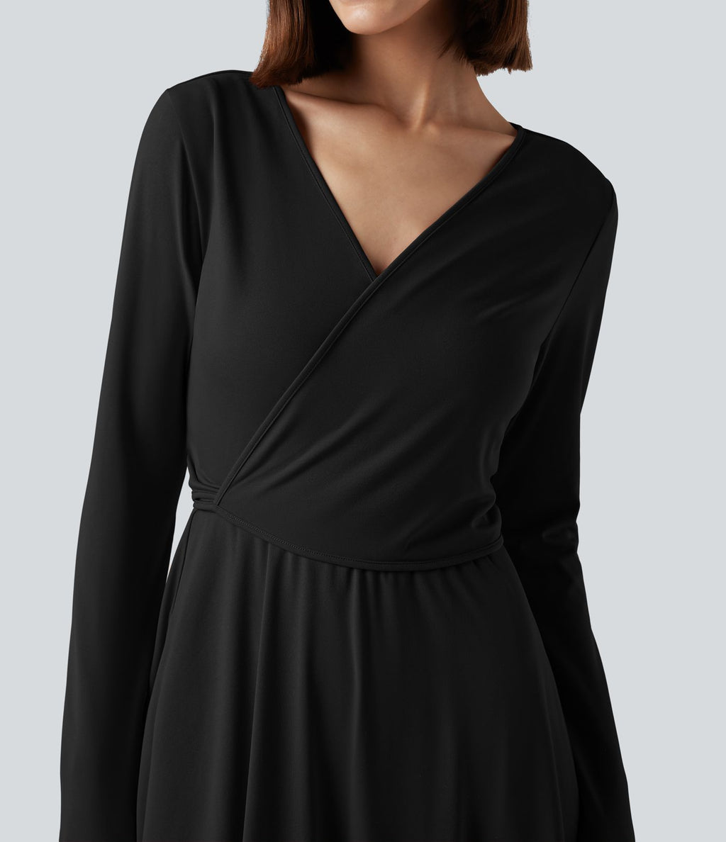 Robe mi-longue deux pièces à manches longues effet cache-cœur avec nœud au dos et poches