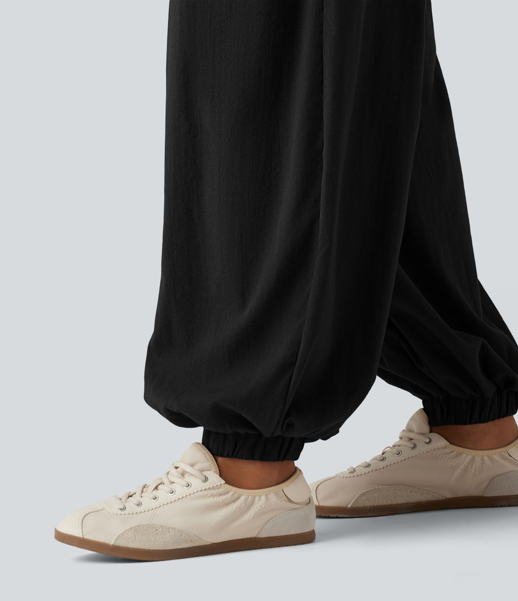 Jogging baggy taille haute effet lin froncé avec poches