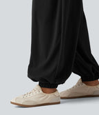 Jogging baggy taille haute effet lin froncé avec poches