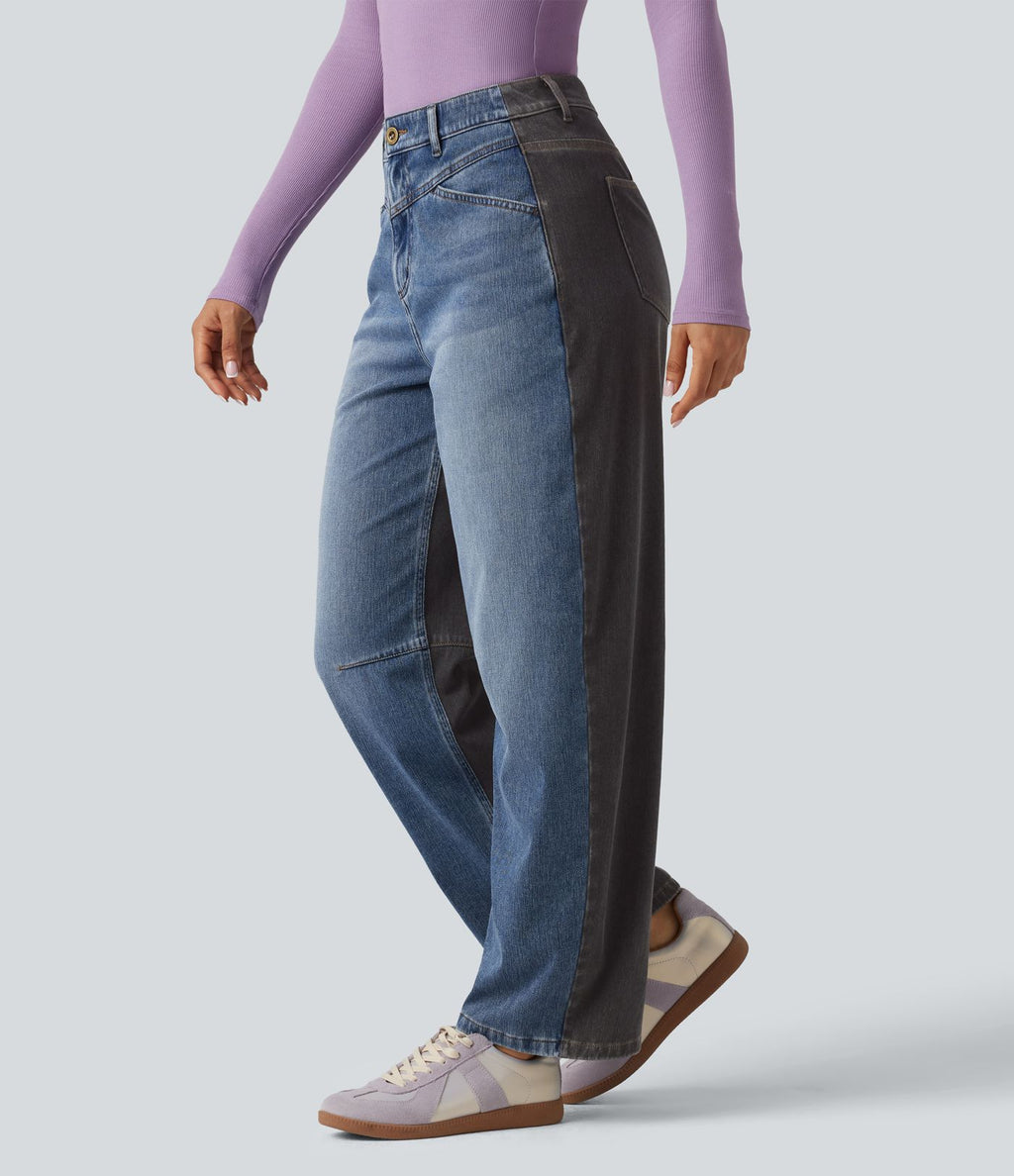 Jean barrel casual Halara Flex™ taille mi-haute color block avec poches