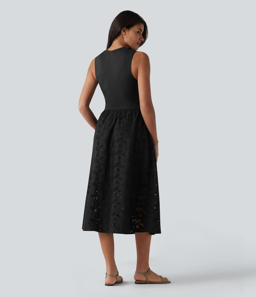 Robe midi de villégiature sans manches col rond à broderie anglaise, avec poches