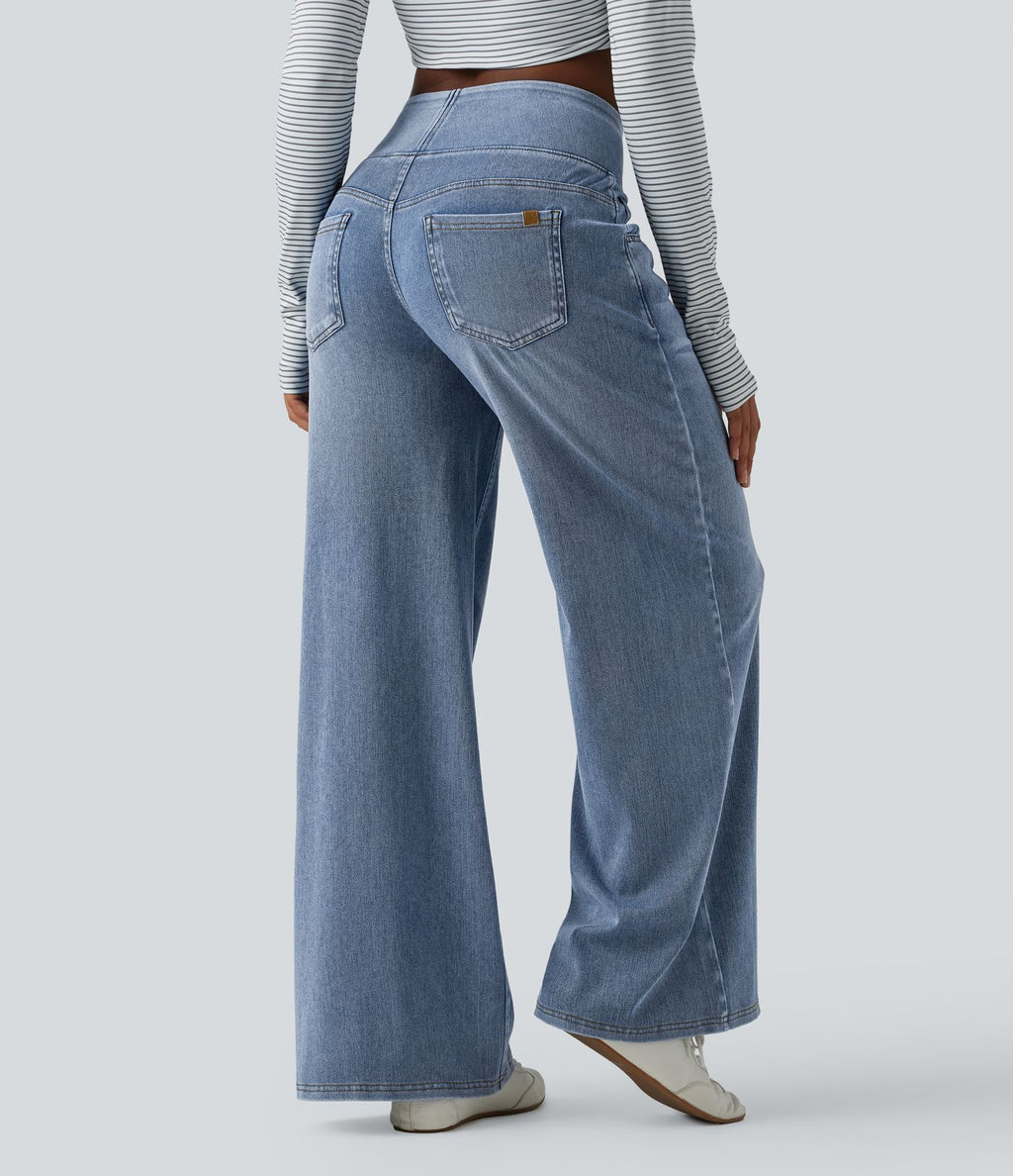 Halara Flex™ Jean large casual baggy taille mi-haute en lyocell drapé effet délavé, avec poches