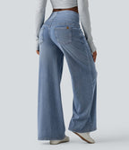 Halara Flex™ Jean large casual baggy taille mi-haute en lyocell drapé effet délavé, avec poches