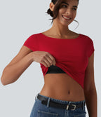 T-shirt court col bateau manches courtes avec fronces et brassière intégrée