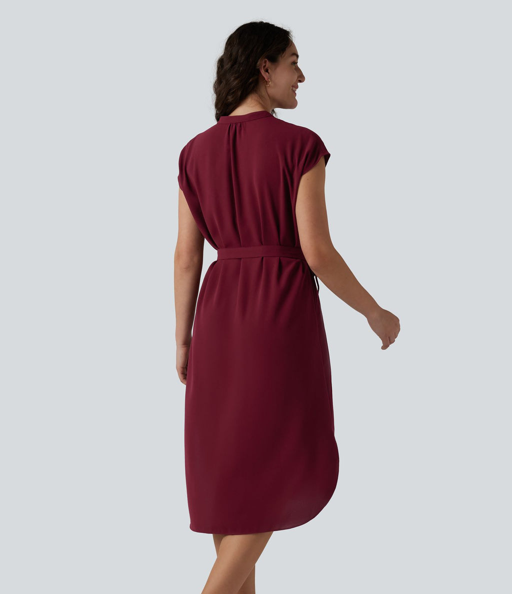 Robe-chemise midi de travail à manches courtes avec ceinture, ourlet arrondi et poches