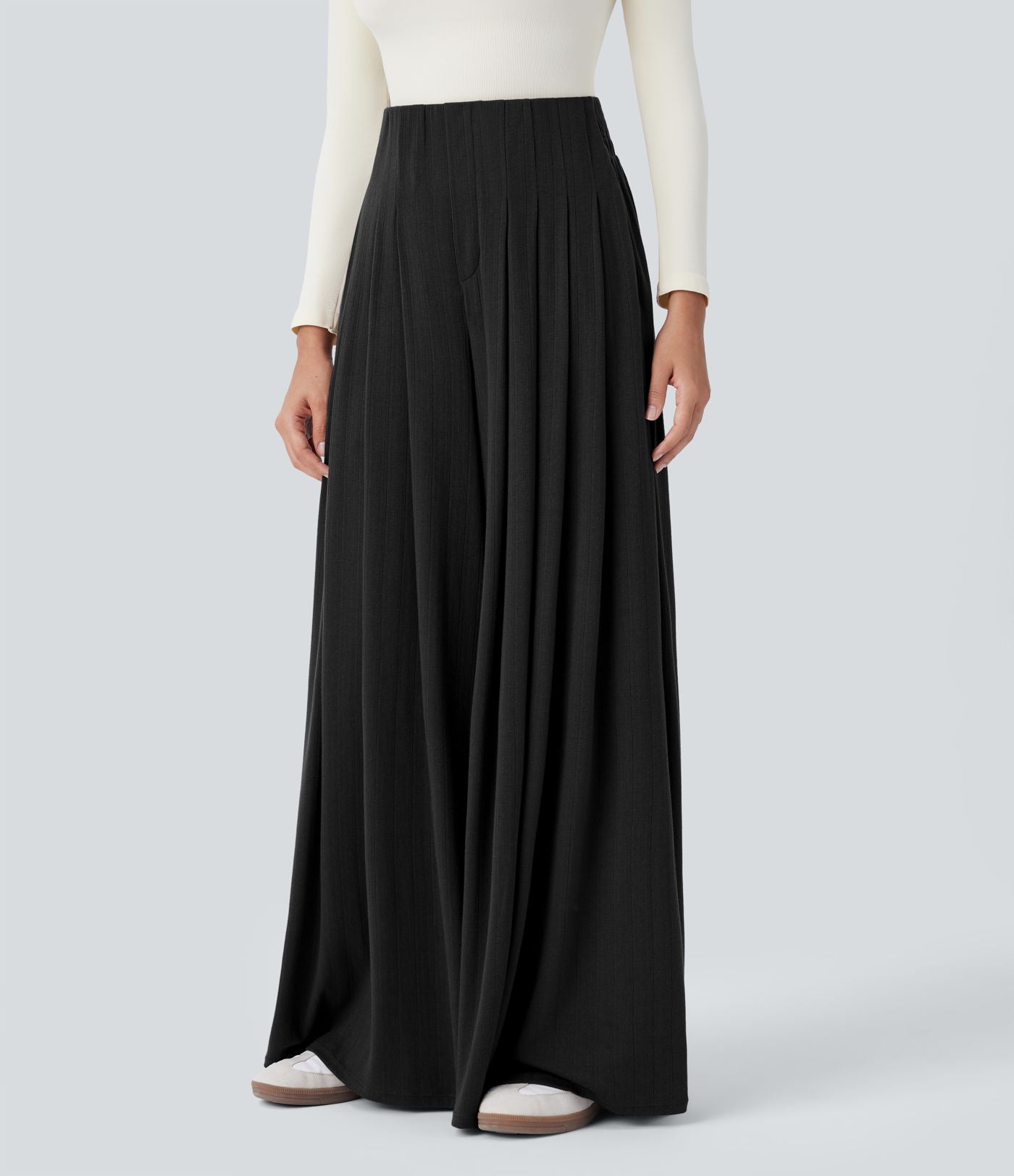 Pantalon décontracté ample à taille haute, plissé et à poches latérales