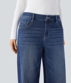 Halara Flex™ Jean Large Casual Taille Basse avec Boutons Zip Multiples Poches Lavés Élastiques et Tricotés