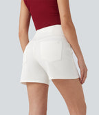 Halara Flex™ Short décontracté évasé à jambe large en denim extensible délavé taille haute croisée avec poches multiples