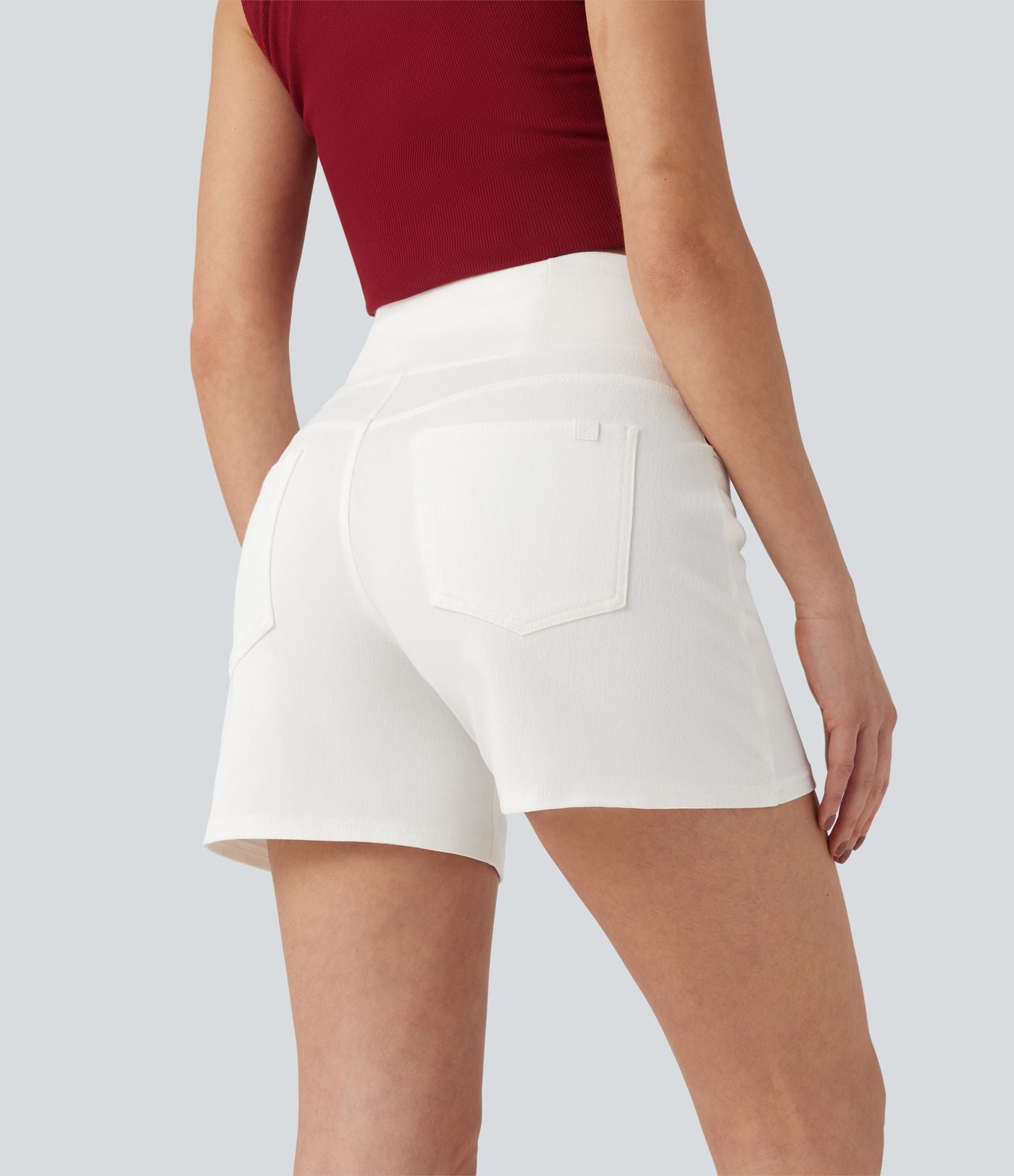 Halara Flex™ Short décontracté évasé à jambe large en denim extensible délavé taille haute croisée avec poches multiples
