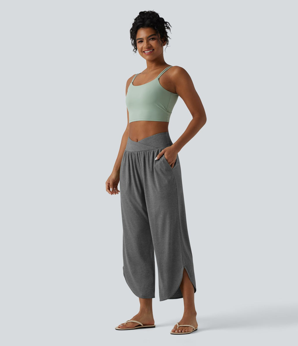 Pantalon décontracté taille haute croisé à ourlet courbe avec poches