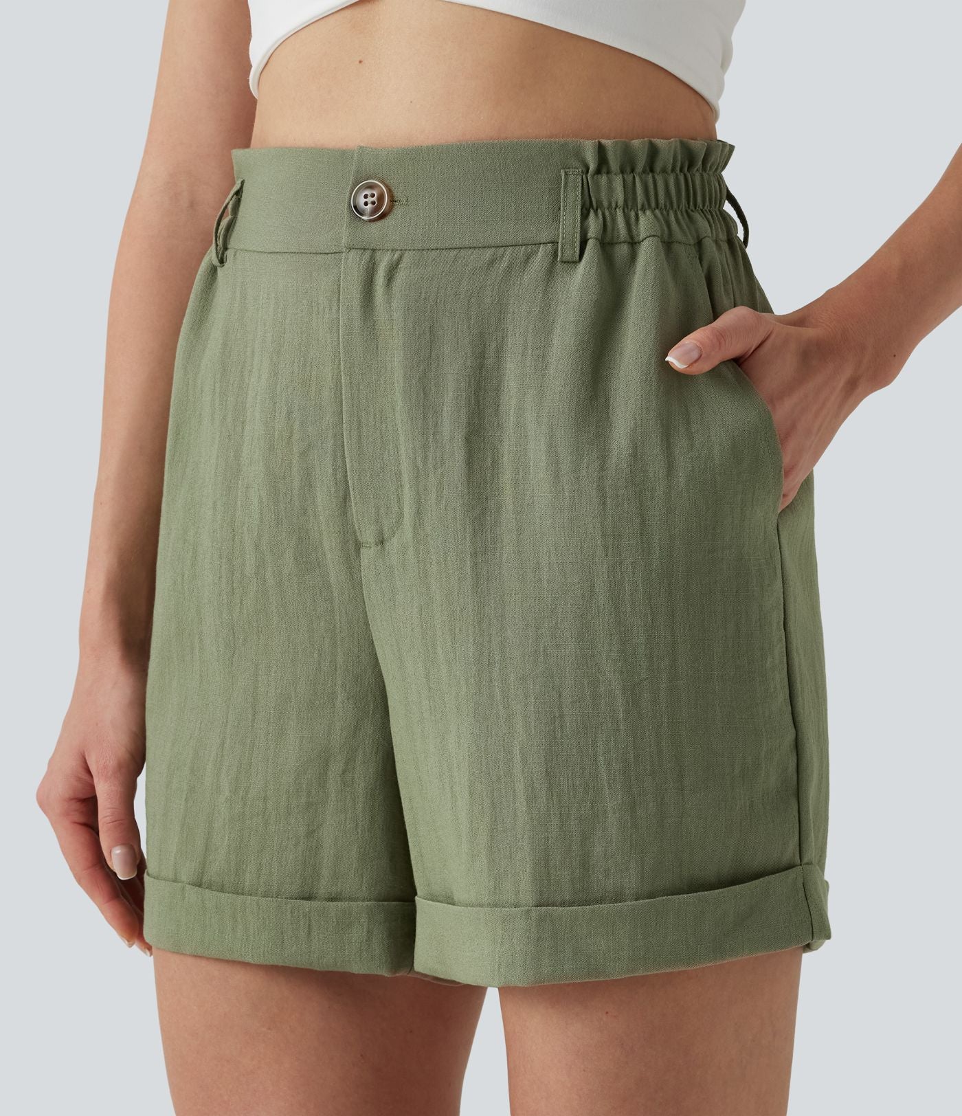 Short resort 12,5 cm taille haute effet lin avec ourlet roulotté et poches