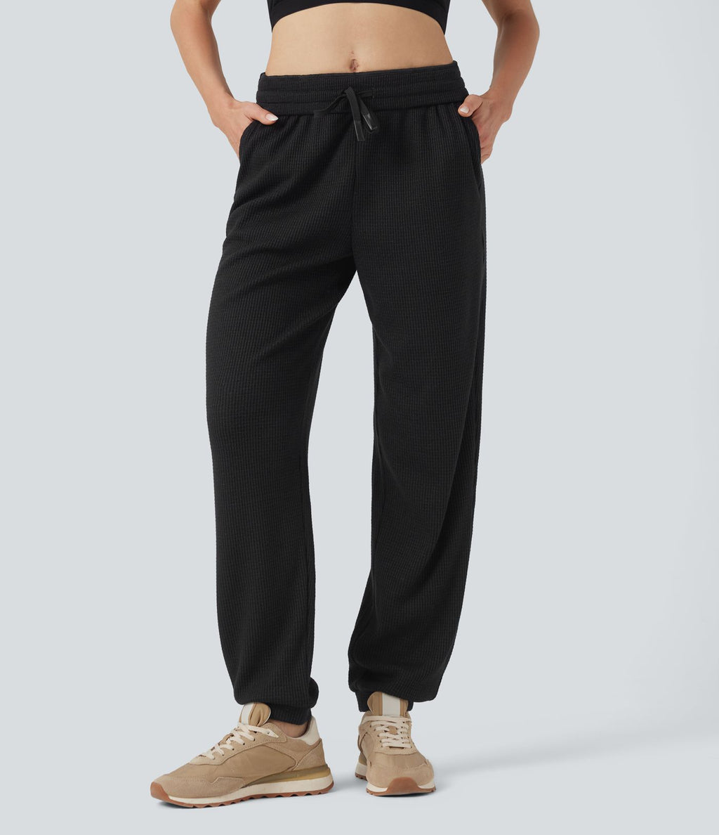 Jogging décontracté maille gaufrée taille haute avec cordon et poches