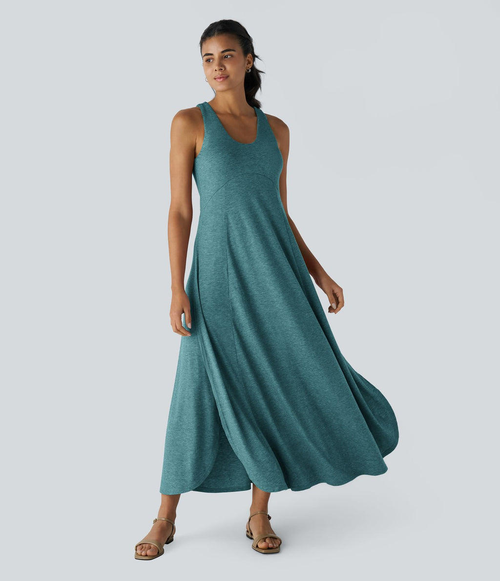 Robe Casual Débardeur Longue Fluide Fendue Dos Nu à Col en U