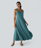 Robe Casual Débardeur Longue Fluide Fendue Dos Nu à Col en U