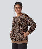 Sweat décontracté oversized col rond manches longues maille gaufrée léopard avec poches