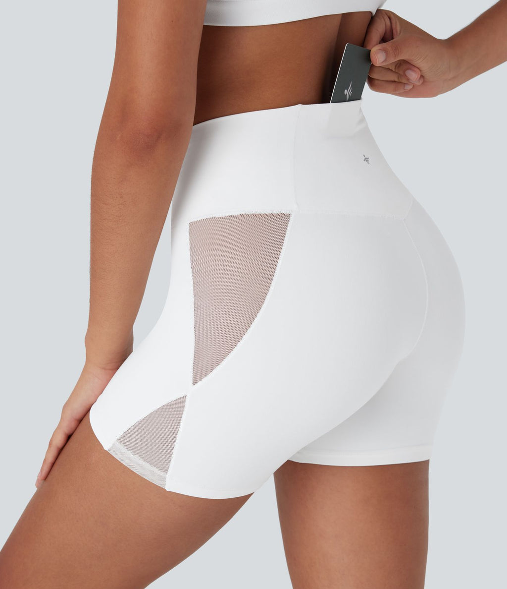 Short cycliste de yoga Softlyzero™ taille haute avec design croisé, filet contrasté, poche arrière et protection UPF50+ - 12,5 cm