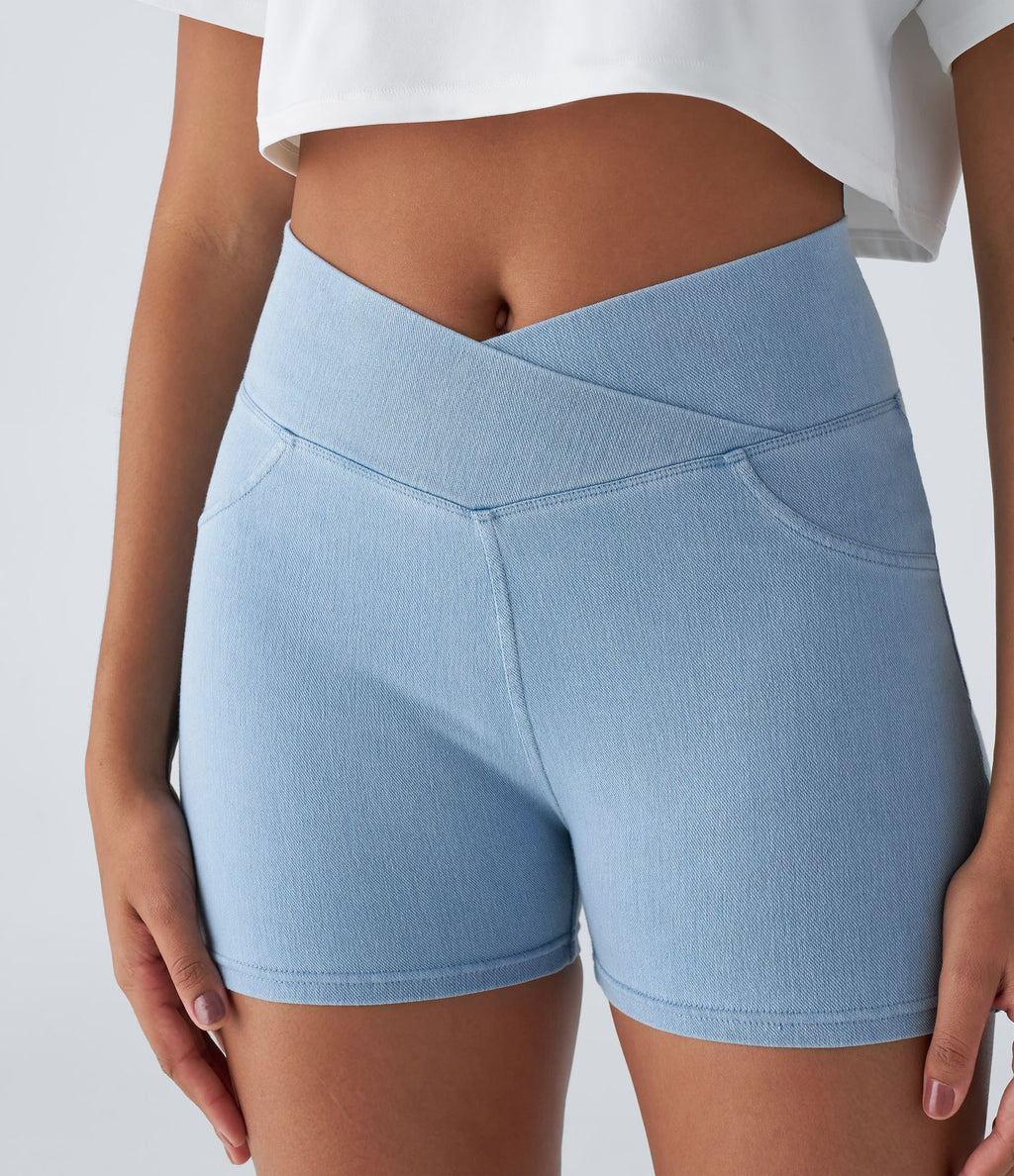 Halara Flex™  Shorts 7,5cm Denim Casual Taille Haute Poches Latérales Croisées en Maille Extensible