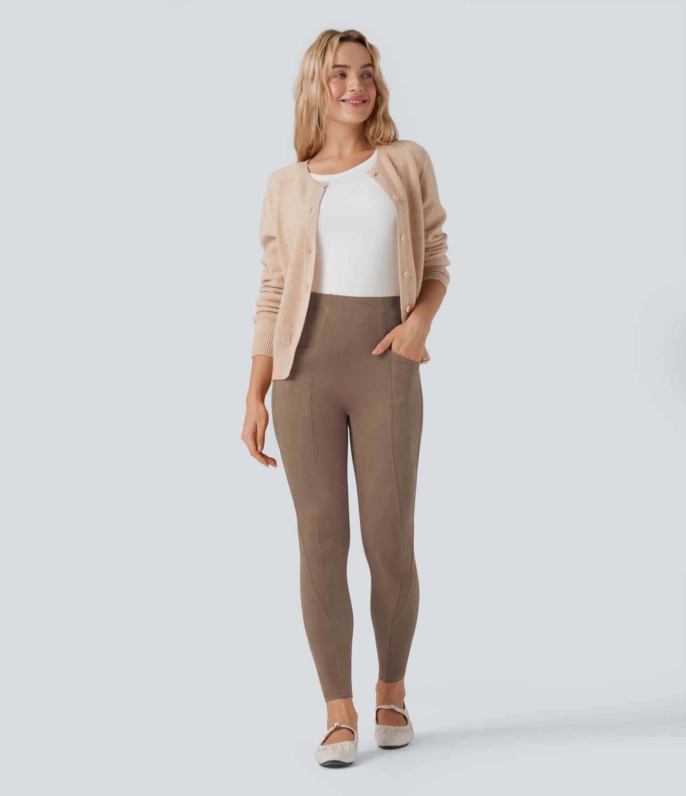 Legging décontracté 7/8 effet daim taille haute gainant avec poches