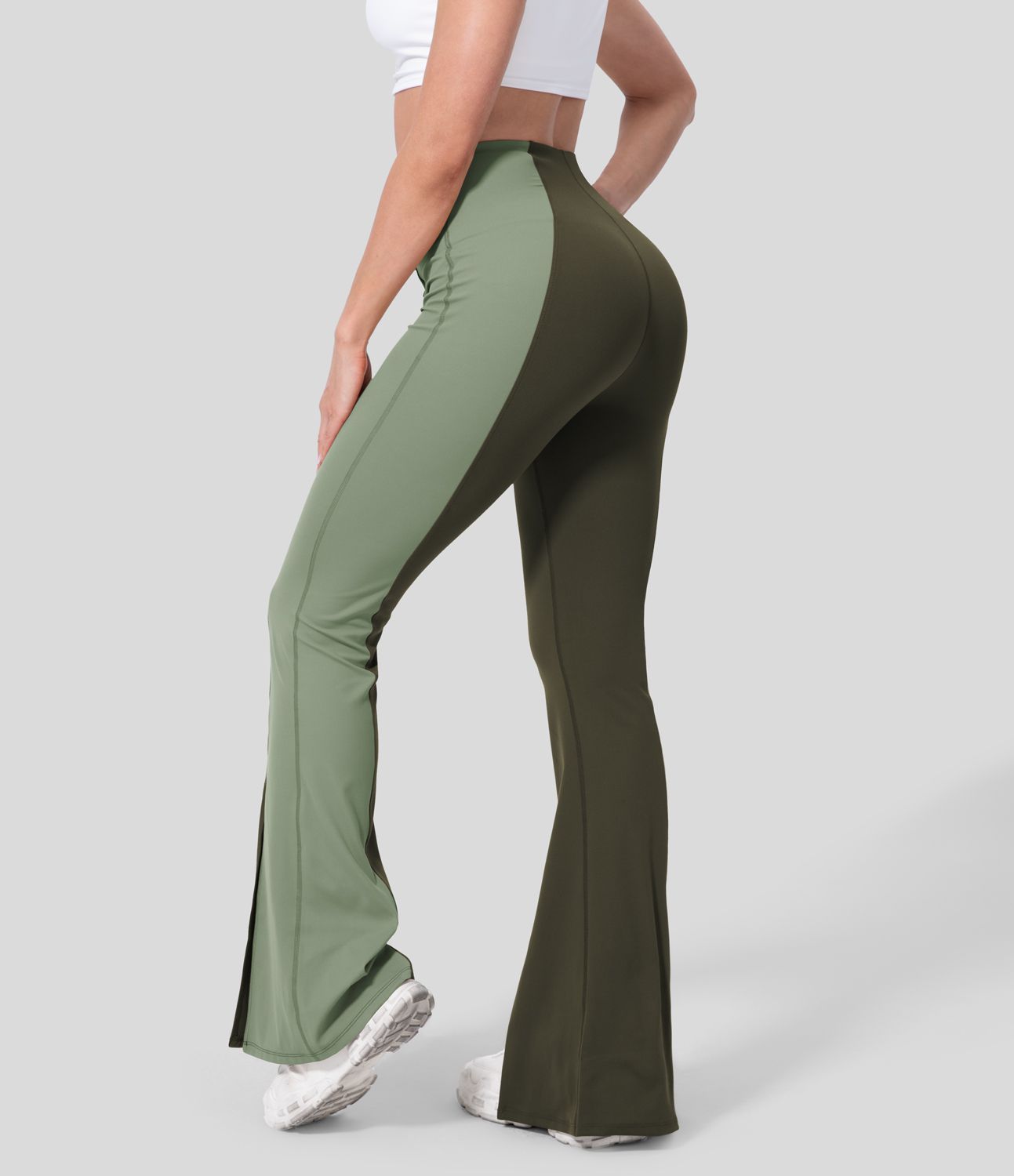 Pantalon Casual Évasés Taille Haute Contrôle du Ventre Ourlet Fendu et Color Block