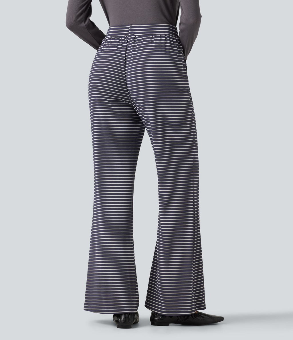 Pantalon décontracté à rayures en maille côtelée, taille mi-haute, cordon de serrage et coupe bootcut, avec poches