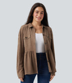 Veste-chemise décontractée effet daim manches longues à ourlet volants avec poches