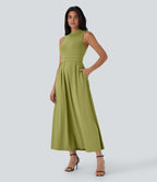 Robe longue décontractée sans manches à col montant, coupe évasée et poches latérales