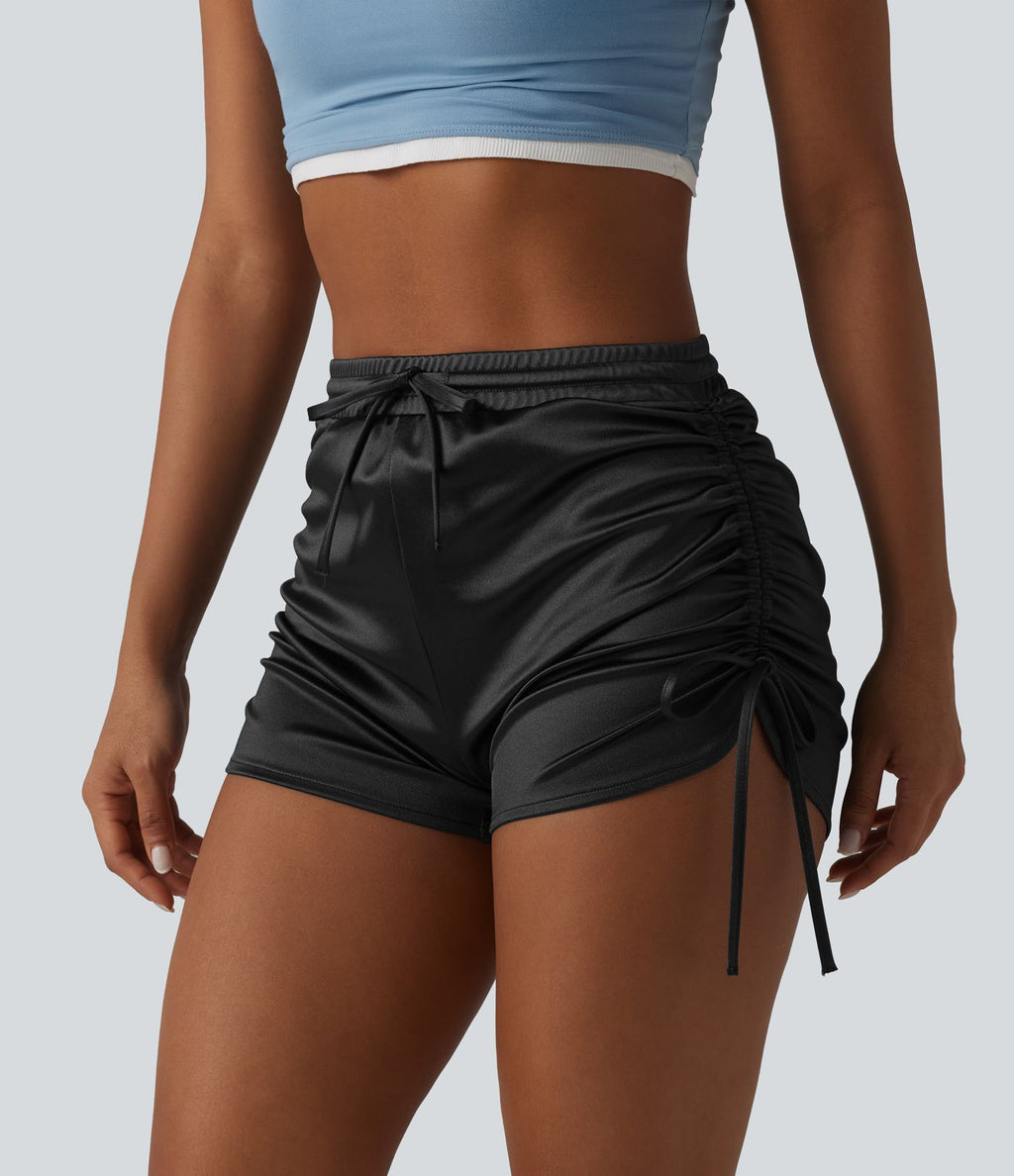 Short décontracté satiné taille haute avec cordon de serrage froncé et poche