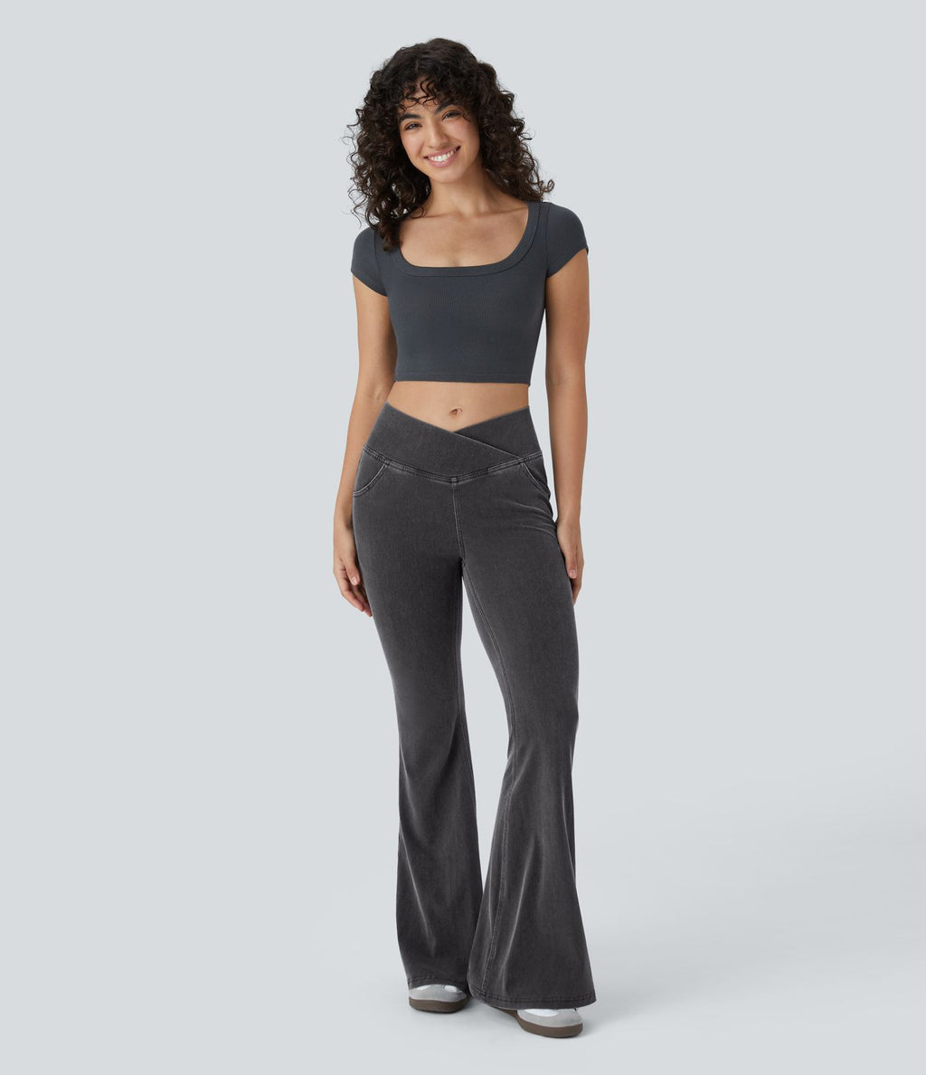 Jean super évasé Halara Flex™ décontracté maille denim extensible délavée effet frais InstantCool taille haute poches croisées