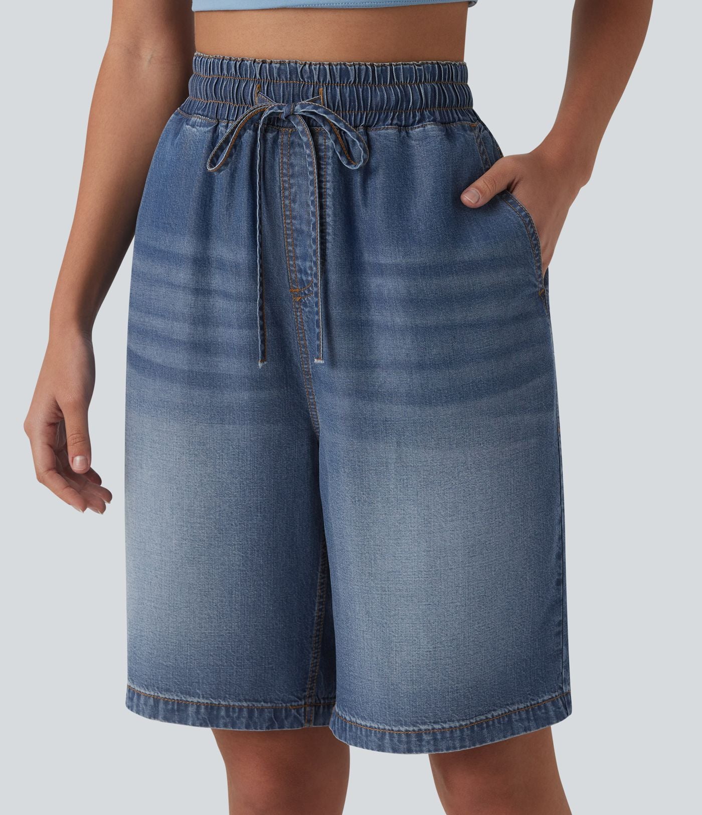 Short denim décontracté taille haute en lyocell 22,8 cm avec cordon de serrage et poches